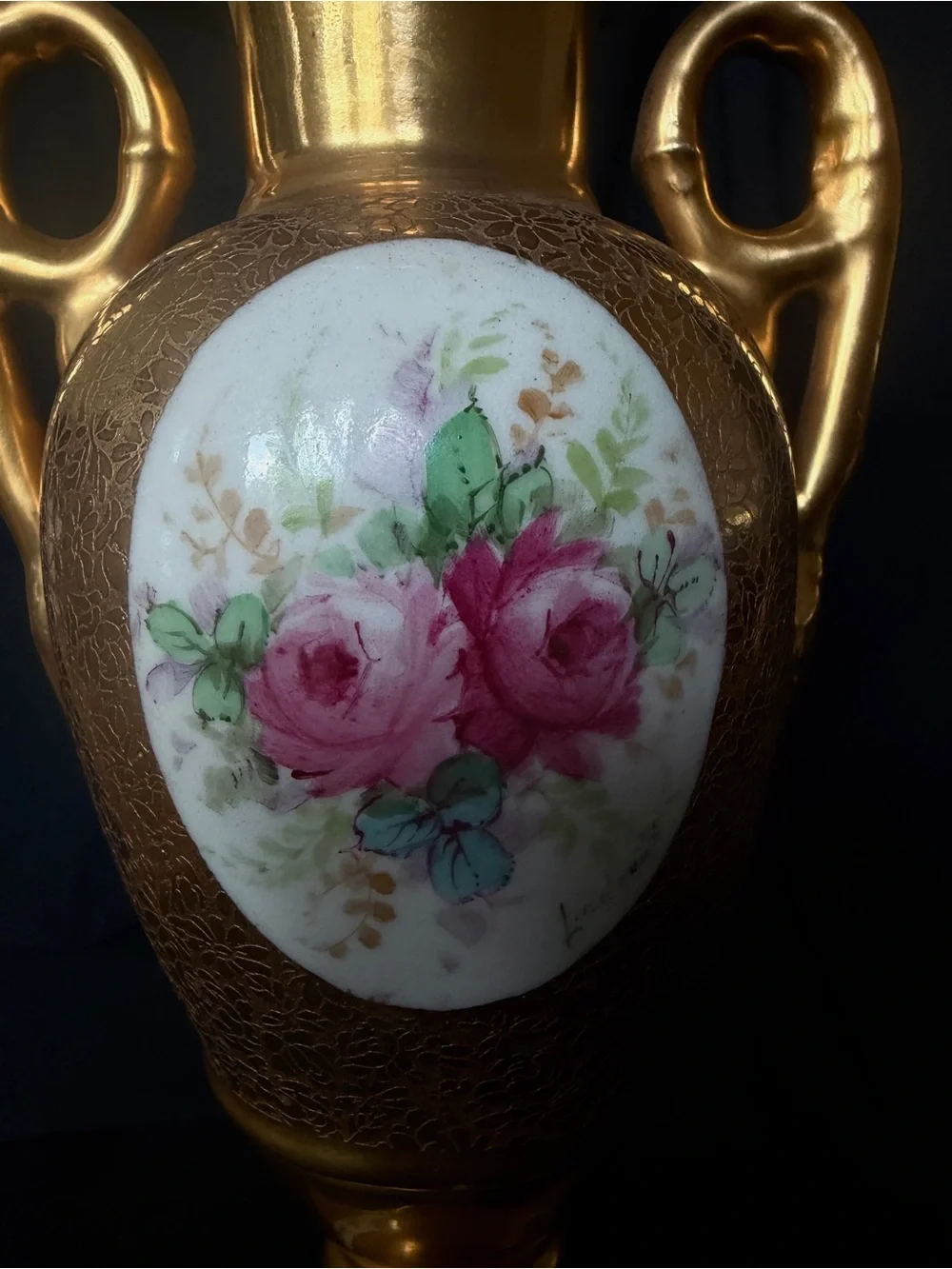 Antique Limoges France 10” Hand-Painted Rose Vase – Heavy Gold Gilt, Artist Sign